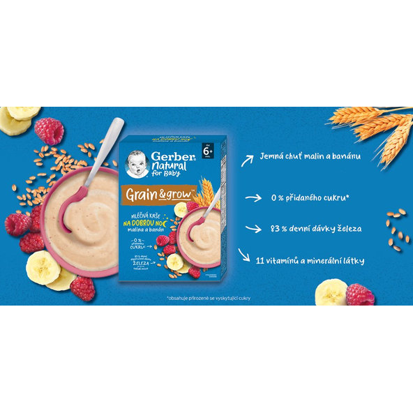 3x GERBER Natural mliečna kaša pšenično ovsená malina a banán 220 g