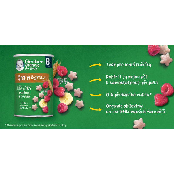 5x GERBER Organic chrumky s malinami a banánom 35 g​
