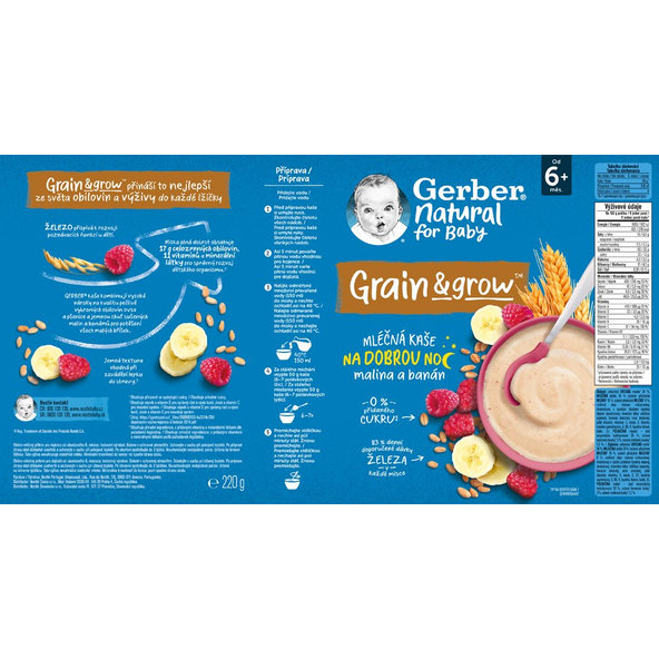 6x GERBER Natural mliečna kaša pšenično ovsená malina a banán 220 g
