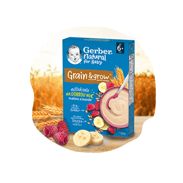 6x GERBER Natural mliečna kaša pšenično ovsená malina a banán 220 g