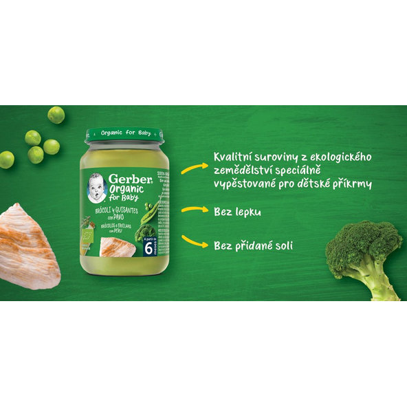 6x GERBER Organic detský príkrm brokolica s hráškom a morčacím mäsom 190 g