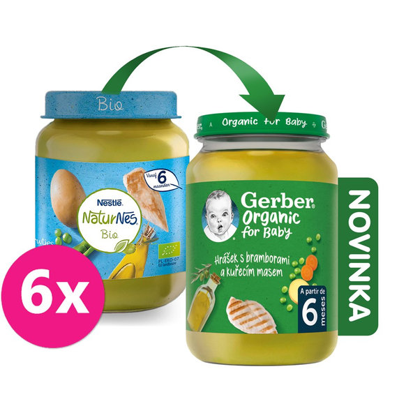 6x GERBER Organic detský príkrm hrášok so zemiakmi a kuracím mäsom 190 g​