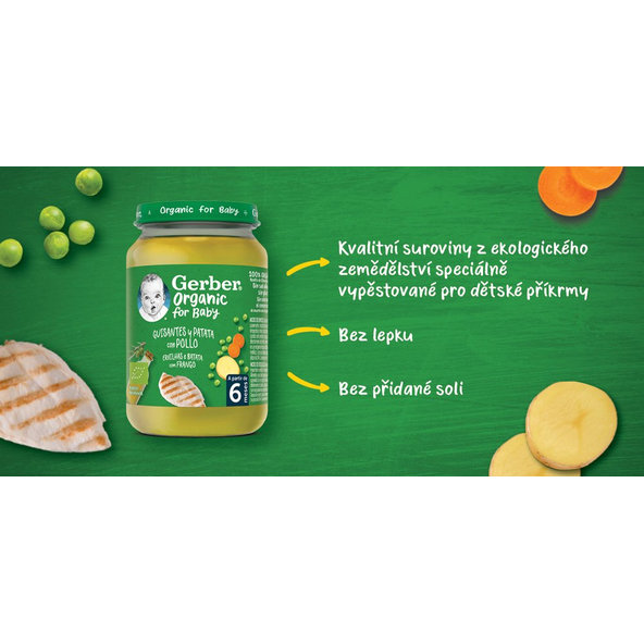 6x GERBER Organic detský príkrm hrášok so zemiakmi a kuracím mäsom 190 g​