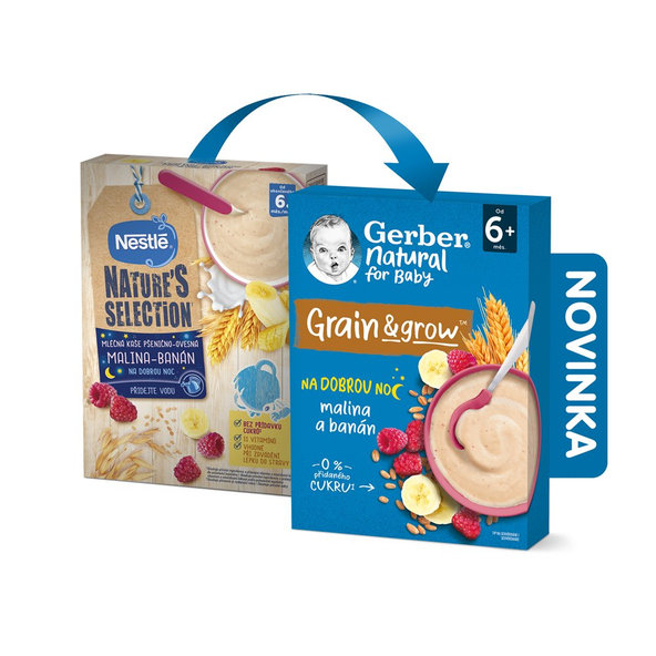 GERBER Natural mliečna kaša pšenično ovsená malina a banán 220 g