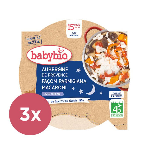 BABYBIO Večerné menu baklažán na spôsob parmigiana s makarónmi (260 g)