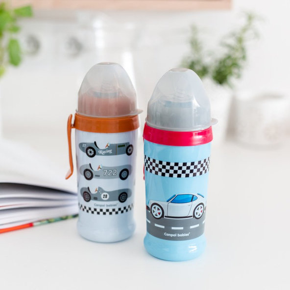 CANPOL BABIES Fľaša športová s netečúcou slamkou autá 300ml 12m+ svetlomodrá