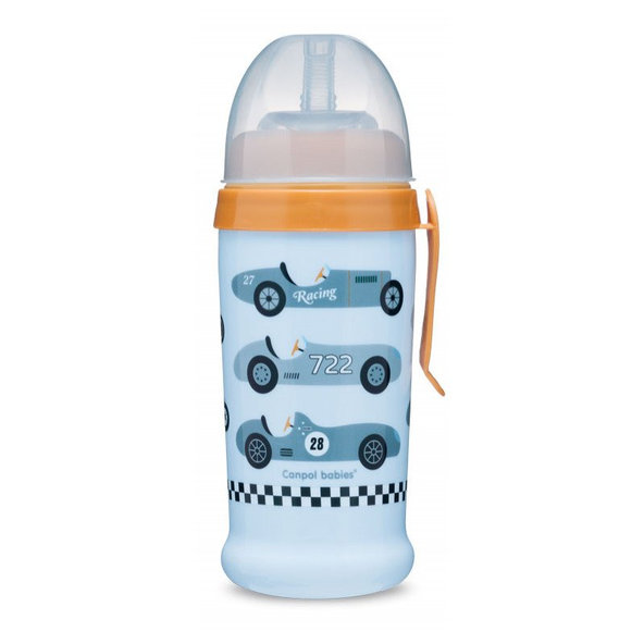 CANPOL BABIES Fľaša športová s netečúcou slamkou autá 300ml 12m+ svetlomodrá