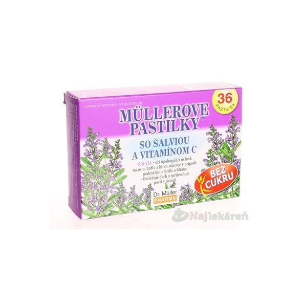 MÜLLEROVE PASTILKY so šalviou a vitamínom C BEZ CUKRU 36ks