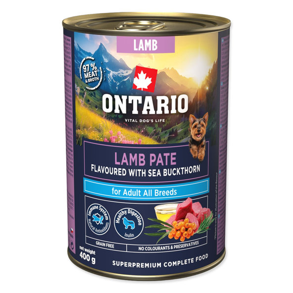 Konzerva Ontario Adult jahňacie paté s príchuťou rakytníka 400 g