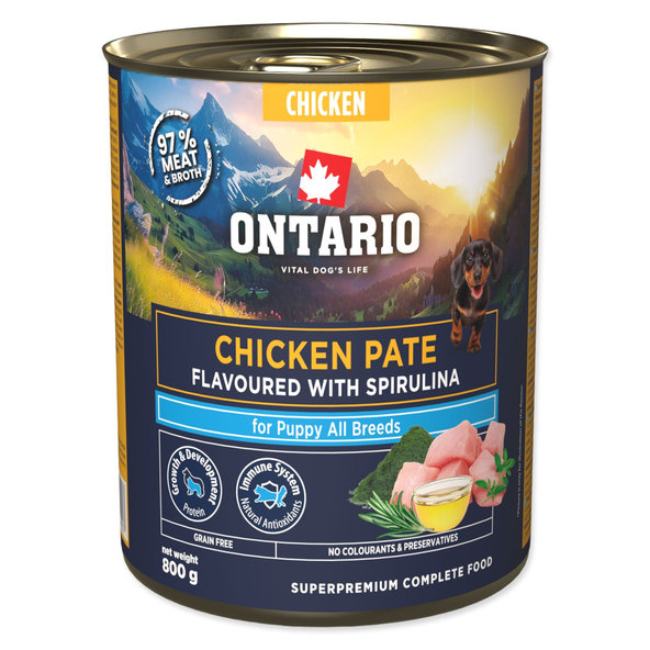 Konzerva Ontario Puppy kuracie paté s príchuťou spirulíny 800 g