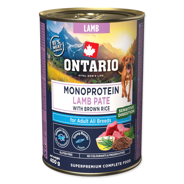 Konzerva Ontario Adult monoprotein jahňacie paté s hnedou ryžou 400g
