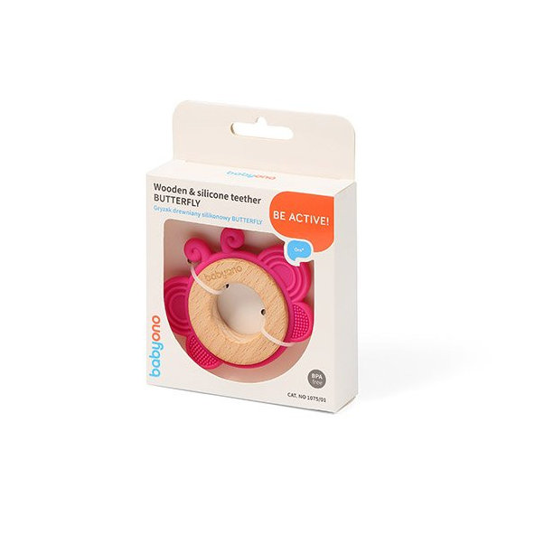 BABYONO Hryzačka dreveno-silikónová Butterfly