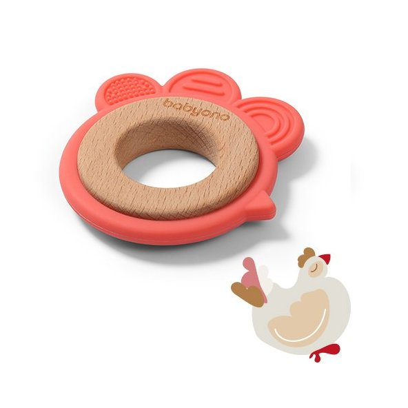 BABYONO Hryzačka dreveno-silikónová Hen
