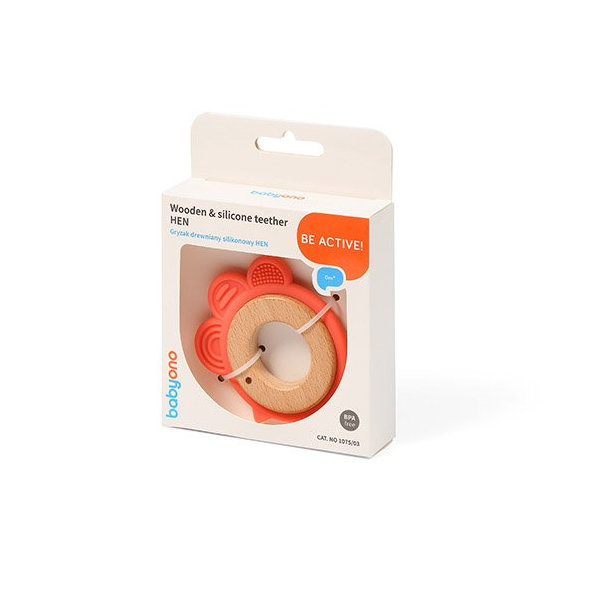 BABYONO Hryzačka dreveno-silikónová Hen