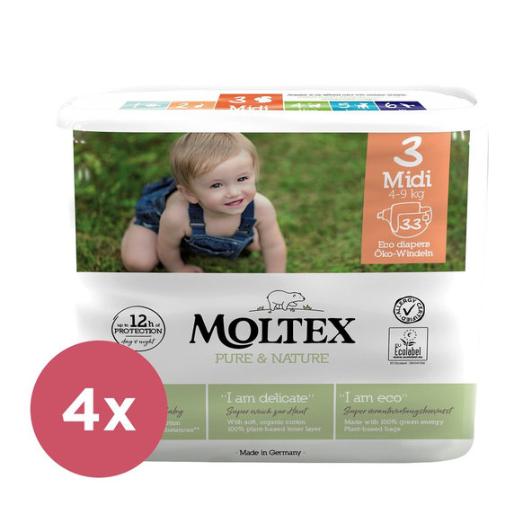 MOLTEX Pure & Nature Plienky Midi 4-9 kg - ekonomické balenie (4 x 33 ks)