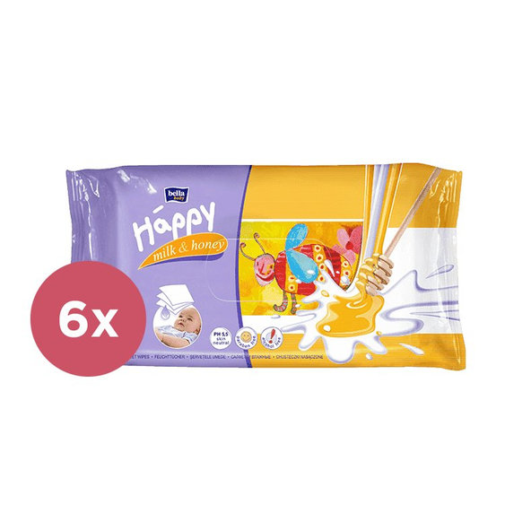 6x BELLA HAPPY BABY Vlhčené ubrousky mléko a med 64 ks