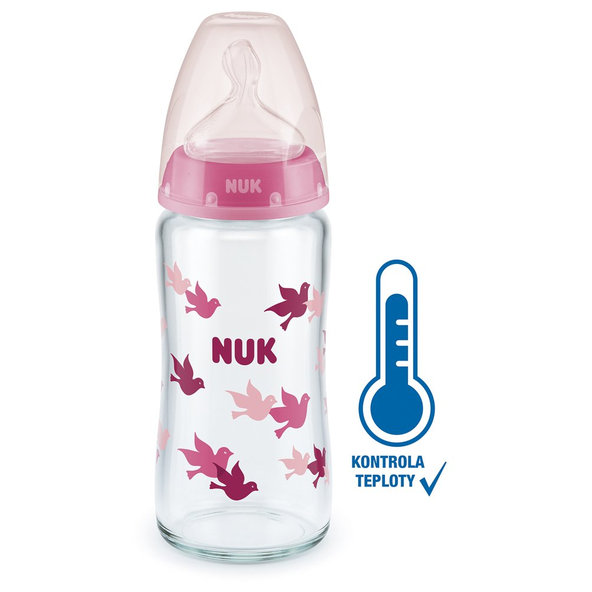 NUK FC+ Fľaša sklenená s kontrolou teploty 240 ml - růžová