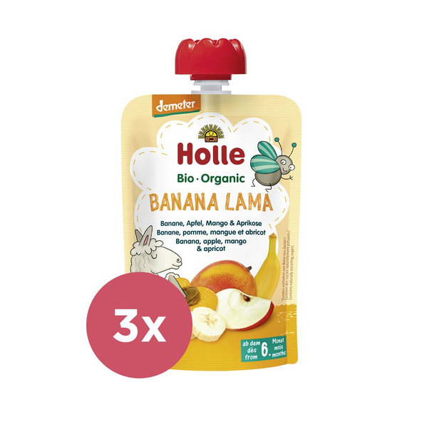 3x HOLLE Banana Lama Bio ovocné pyré banán, jablko, mango, marhuľa, 100 g (6 m+)