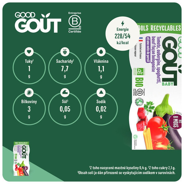 6x GOOD GOUT BIO Špagety s baklažánom a hovädzím mäsom (2x190 g), 8m+