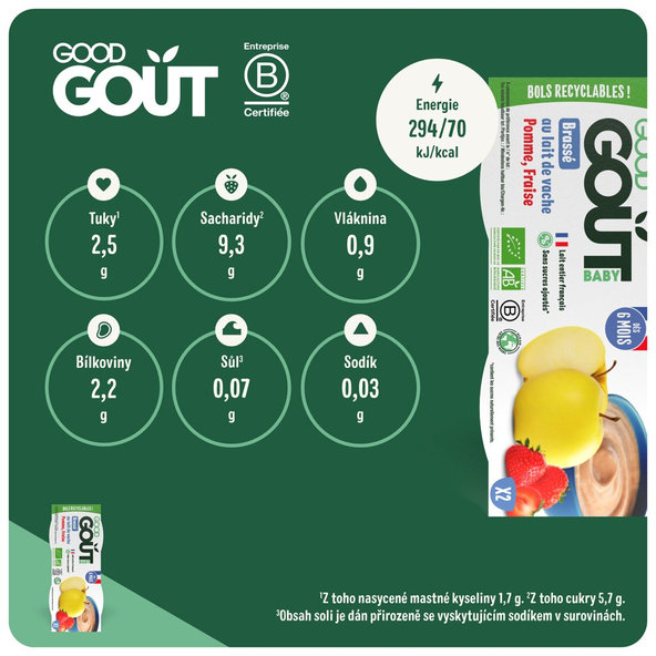 GOOD GOUT BIO Dezert jahodový s jablkom (2x100 g), 6m+