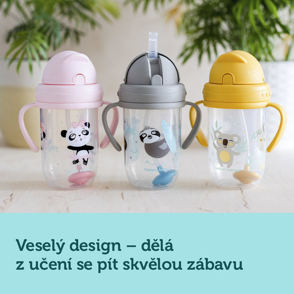 CANPOL BABIES Hrnček netečúci so slamkou so závažím 270 ml 6m+ Exotic Animals sivý