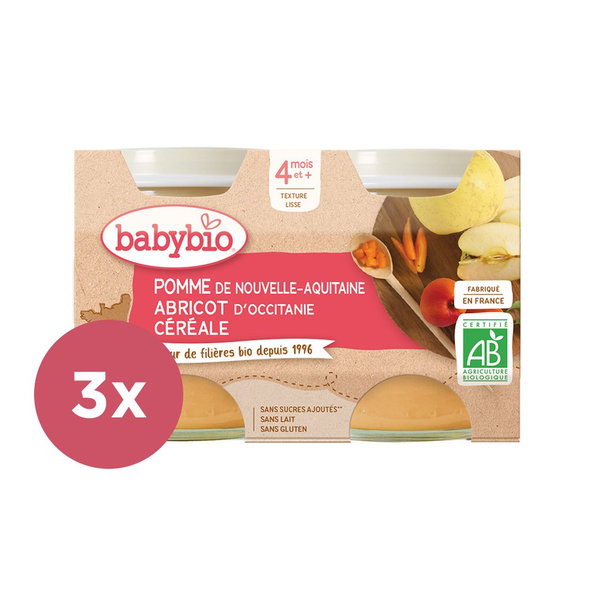 3x BABYBIO Príkrm jablko, marhuľa, cereálie 2x 130 g