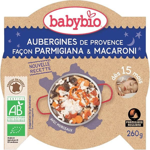 3x BABYBIO Večerné menu baklažán na spôsob parmigiana s makarónmi 260 g