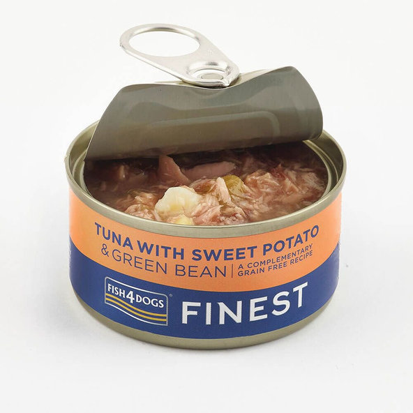 FISH4DOGS Konzerva pre psov Finest s tuniakom, sladkými zemiakmi a zelenými fazuľkami 85g