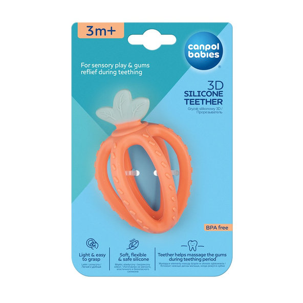 CANPOL BABIES Hryzačka silikónová senzorická 3D - jahoda oranžová