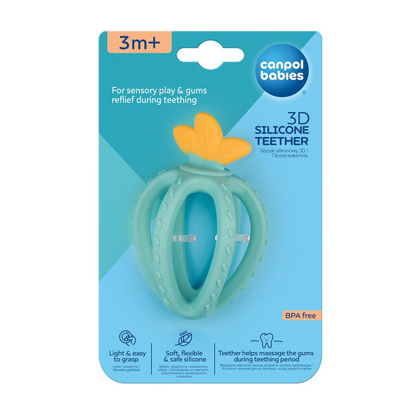 CANPOL BABIES Hryzačka silikónová senzorická 3D - jahoda tyrkysová