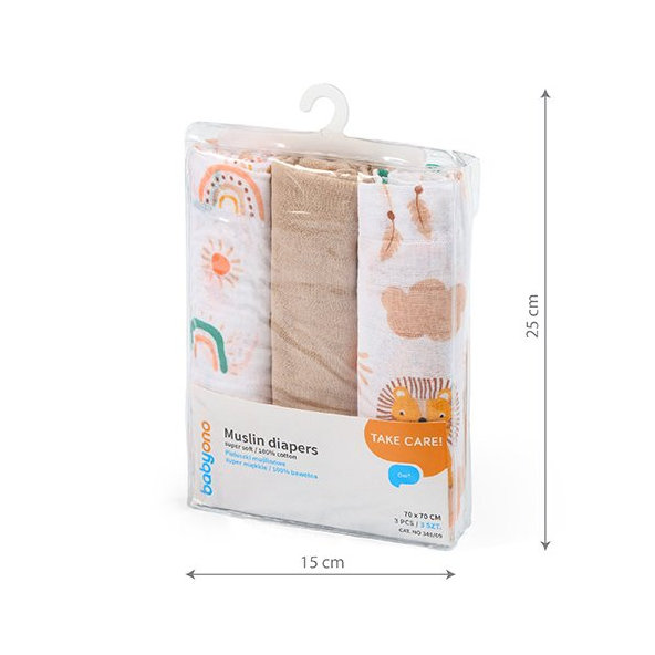 BABYONO Plienky mušelínové Super soft 3 ks - staroružová