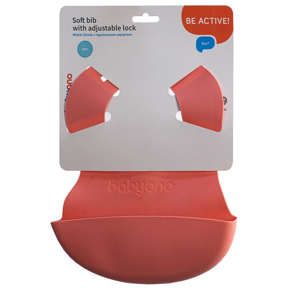 BABYONO Podbradník mäkký plastový s vreckom bez BPA pink 6m+
