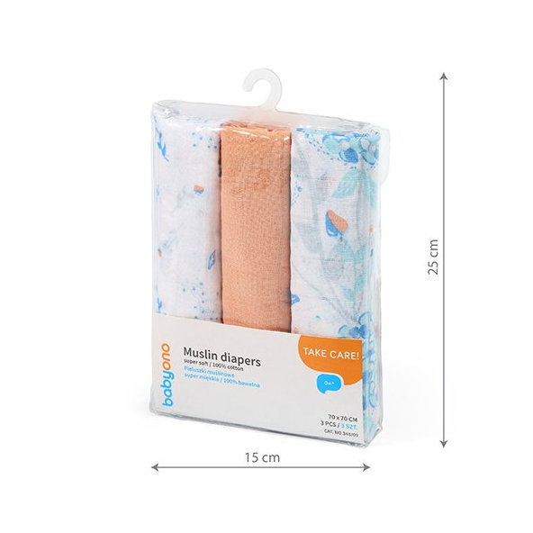 BABYONO Plienky mušelínové Super soft 3 ks - oranžová