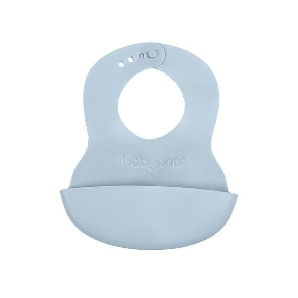 BABYONO Podbradník mäkký plastový s vreckom bez BPA blue 6m+