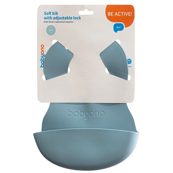 BABYONO Podbradník mäkký plastový s vreckom bez BPA blue 6m+