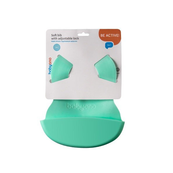 BABYONO Podbradník mäkký plastový s vreckom bez BPA mint 6m+