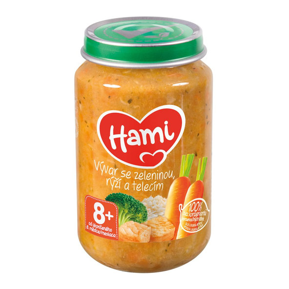 6x HAMI Príkrm mäsozeleninový Vývar so zeleninou, ryžou a teľacím 6x200 g, 8+