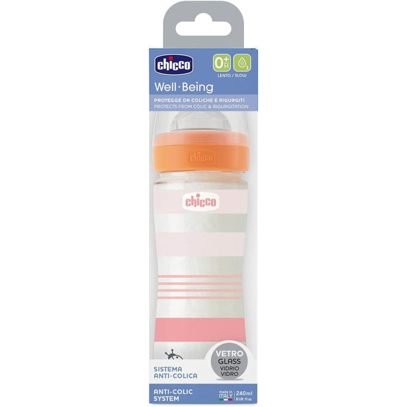 CHICCO Fľaša dojčenská sklo Well-being silikón 240ml dievča
