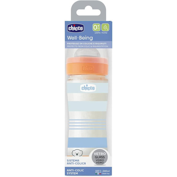 CHICCO Fľaša dojčenská sklo Well-being silikón 240ml chlapec