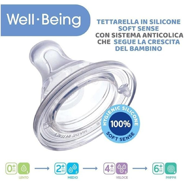 CHICCO Fľaša dojčenská Well-being silikón 330ml chlapec
