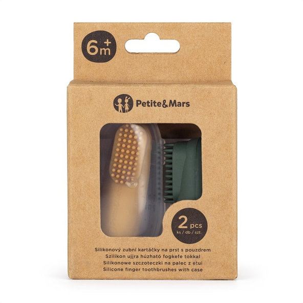 PETITE&MARS Sada silikónových zubných kefiek na prst TAKE&MATCH Ochre&Green 2 ks 0m+