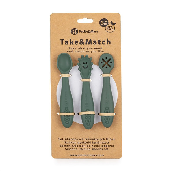 PETITE&MARS Set 3 ks silikónových tréningových lyžičiek Take&Match Misty Green 6m+