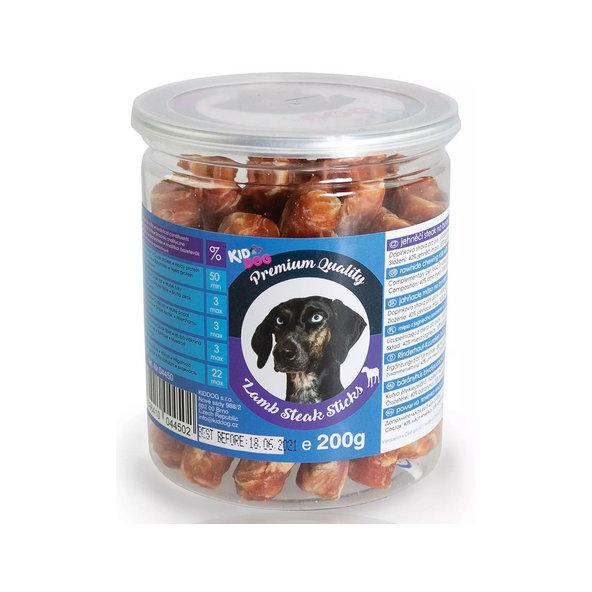 Maškrta pre psy KID DOG Jahňací steak na byvolej tyčinke 200g DÓZA - PREMIUM QUALITY