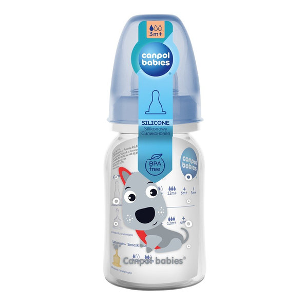 CANPOL BABIES Fľaša s potlačou CUTE ANIMALS 120ml - modrá