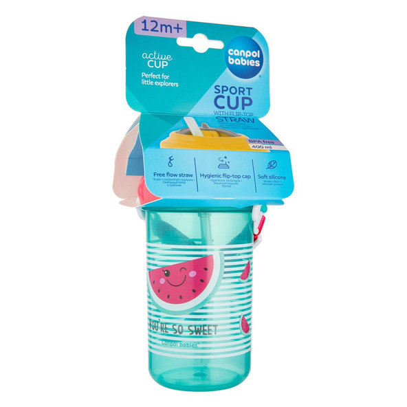 CANPOL BABIES Fľaša športová so slamkou a vrchnákom 400ml 12m+ So Cool! ružová