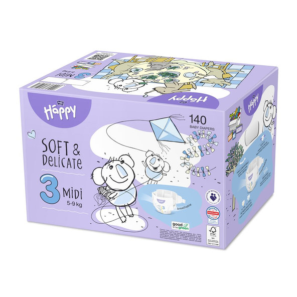 2x BELLA HAPPY Baby Plienky jednorazové Midi Box 5-9 kg 70 ks