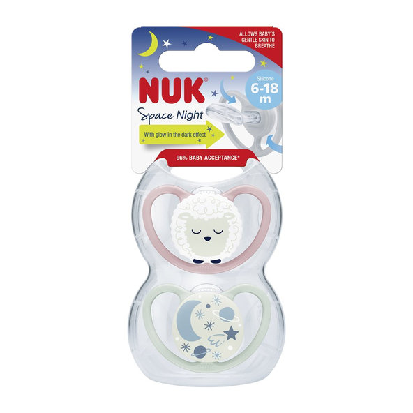 NUK Cumlík Space Night silikón, V2, 6-18 m 2 ks box - holka