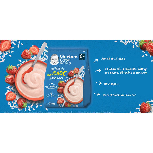 6x GERBER Kaša mliečna cereal jahodová Dobrú noc 230 g