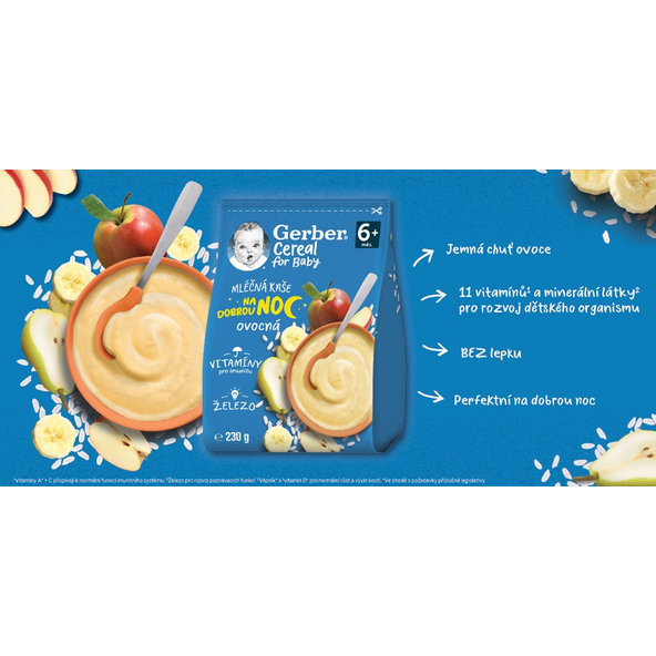6x GERBER Kaša mliečna cereal ovocná Dobrú noc 230 g