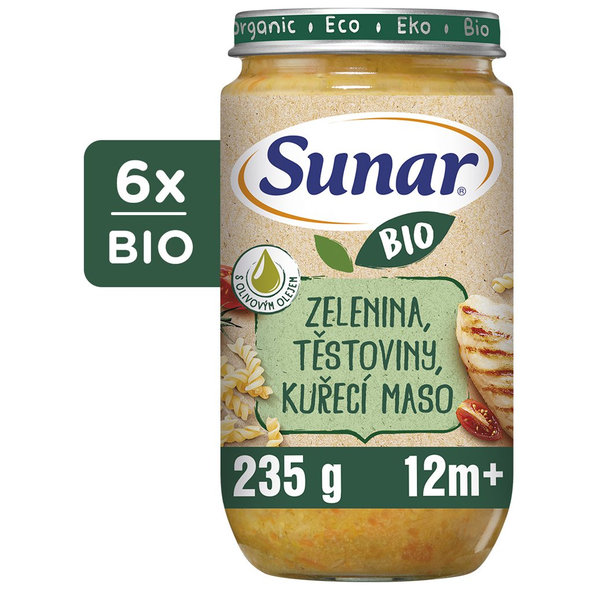 SUNAR BIO Príkrm zelenina, cestoviny, kuracie mäso 12m+, 6x235g